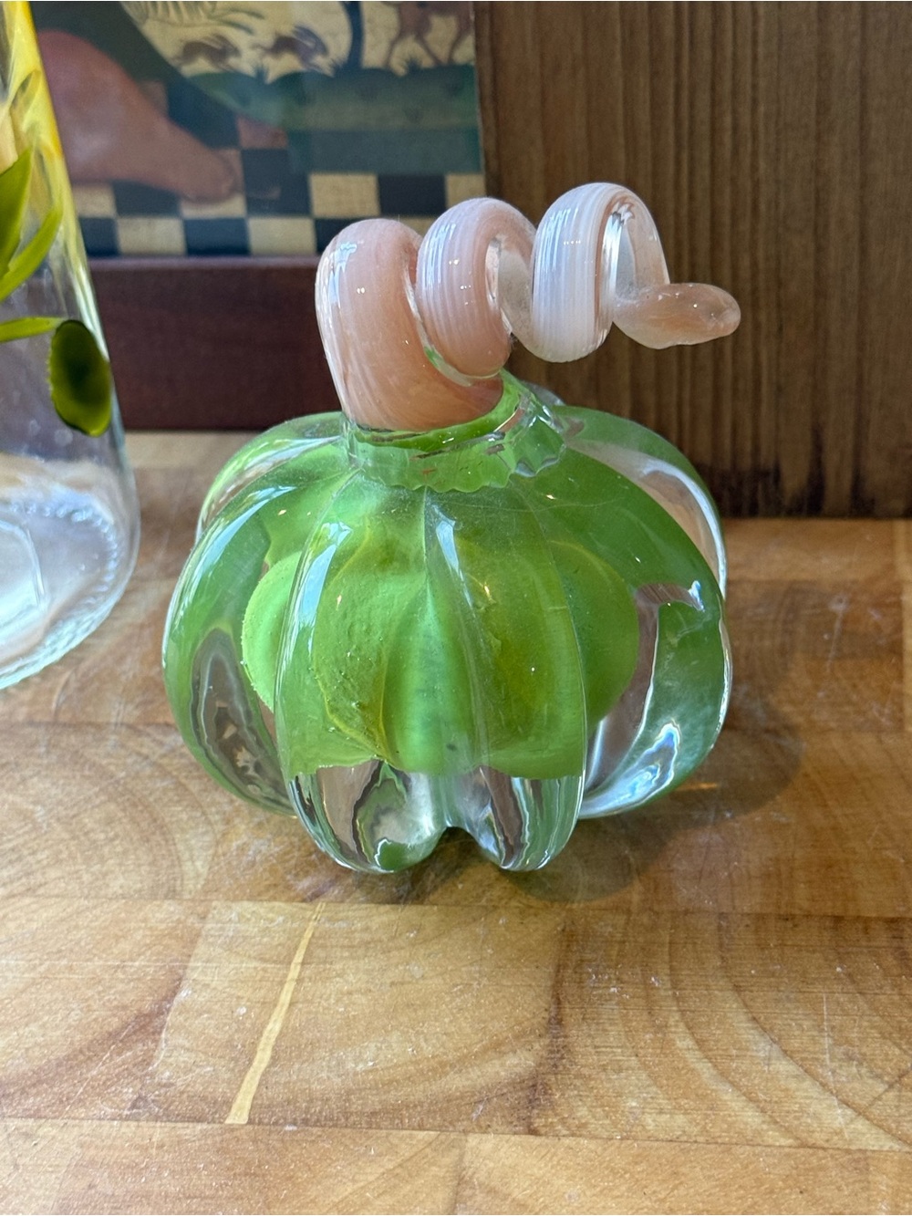 Murano Inspired Handblown Glass Pumpkin Sculpture - Green and Peach